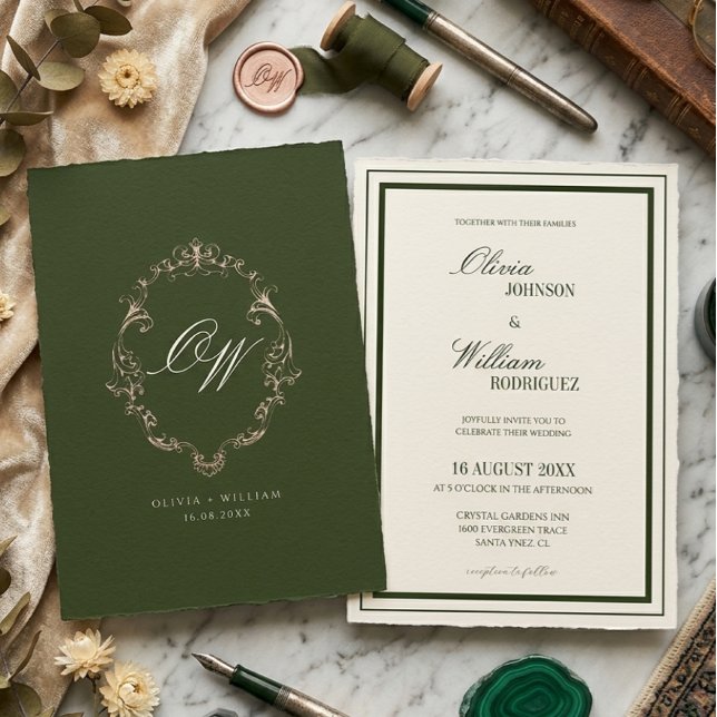 Invitation Vieux Argent Olive Vert Élégant Monogramme Mariage (Créateur téléchargé)