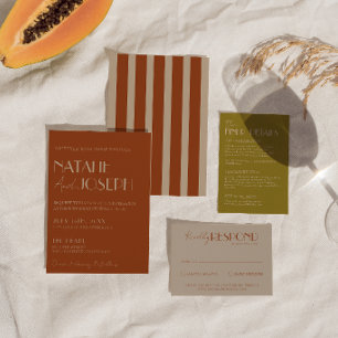 Invitation Vieux Argent Rayures Orange Brûlé Or Mariage