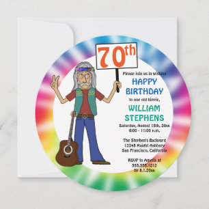 Invitation Vieux Hippie Hippy Tie Dye 70e fête d'anniversaire
