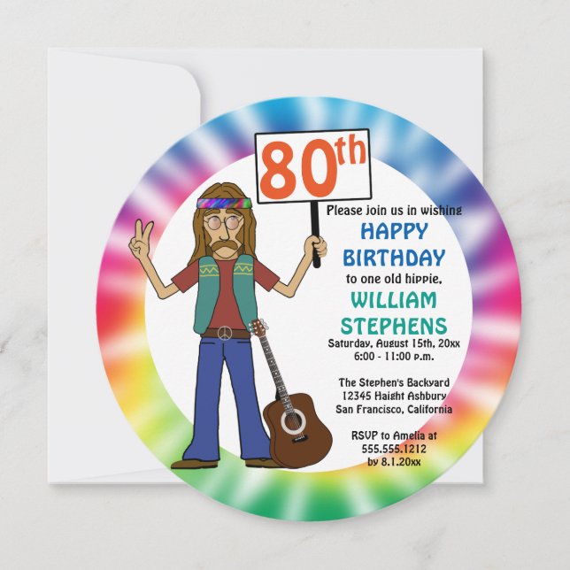 Invitation Vieux Hippie Hippy Tie Dye 80e fête d'anniversaire (Devant)