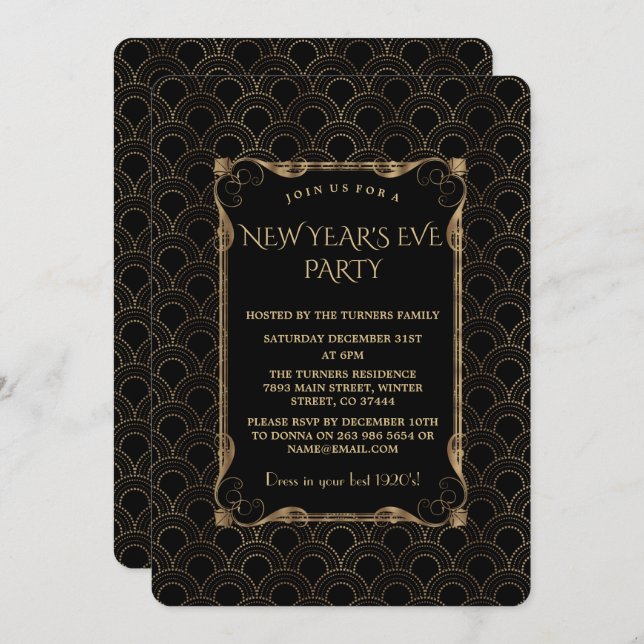 Invitation Vieux Hollywood Noir Grand Gatsby New Year Party (Devant / Derrière)