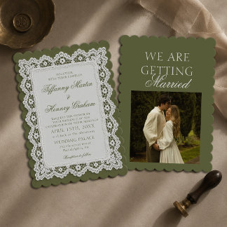 Invitation Vieux napperon en dentelle d'argent vert olive de