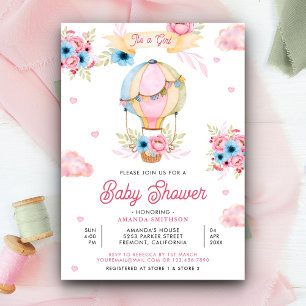 Invitation Vif Ballon à Air Chaud Floral Rose Fille Baby Show