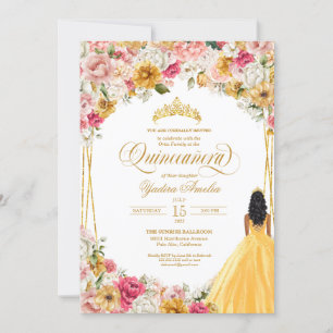 Invitation Vif rose rose rose jaune or Floral Quinceanera Inv