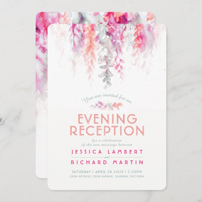 Invitation Vigne aquarelle corail rose vert soirée réception (Devant / Derrière)