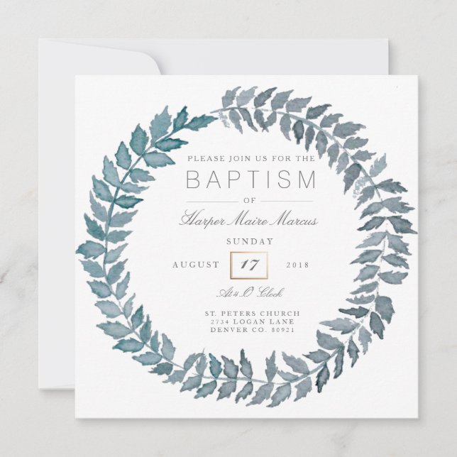 Invitation Vigne bleu acier | Watercolor Wreath Baptism (Devant)