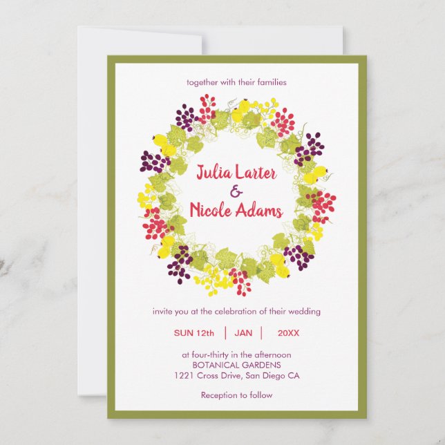 Invitation Vigne Fleurs Feuillage Mariage Sources du Vin Jaun (Devant)