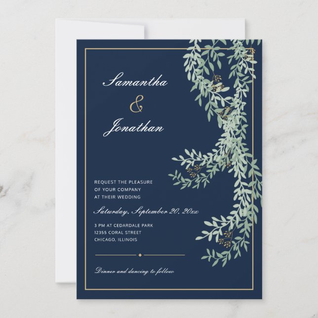 Invitation Vignes à feuilles vertes Sage | Mariage bleu marin (Devant)