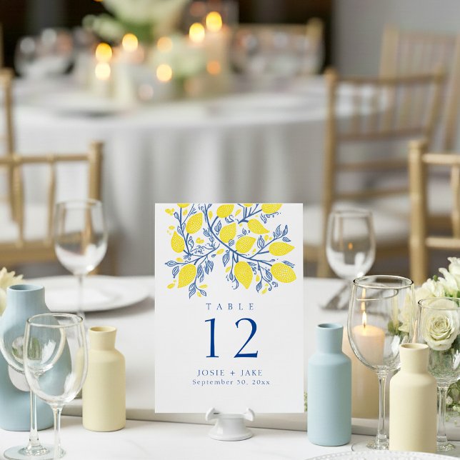Invitation Vignes citronnées lumineuses Numéro de tableau Tab (Bright yellow and blue wedding table number place card.)