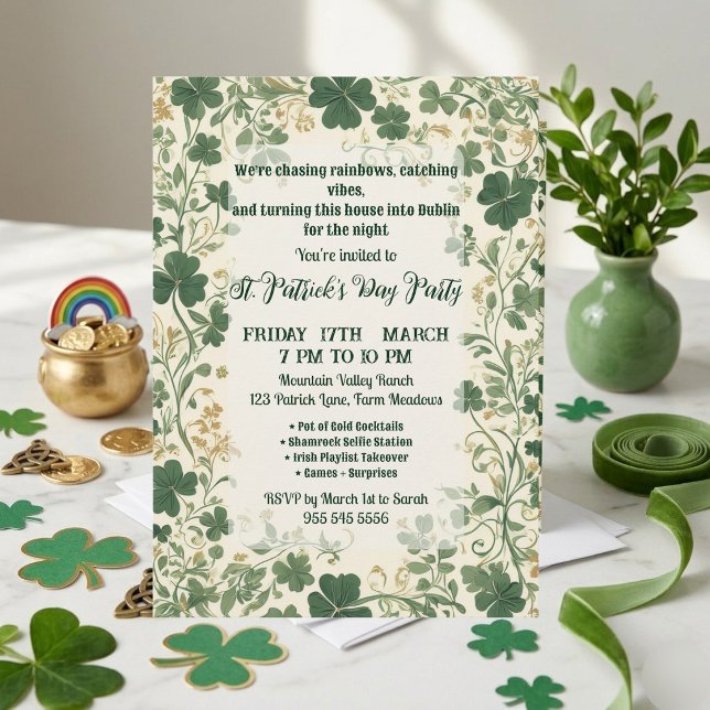 Invitation Vignes de Trèfle Vert Fête Drôle de la Saint-Patri (Green Shamrock Vines Funky Saint Patrick's Party Invitation)