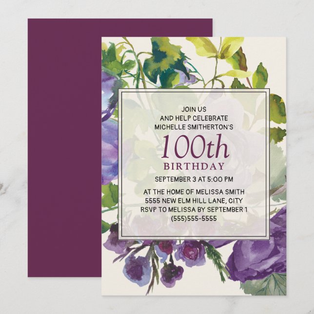 Invitation Vignes florales aquarelles violettes 100e annivers (Devant / Derrière)