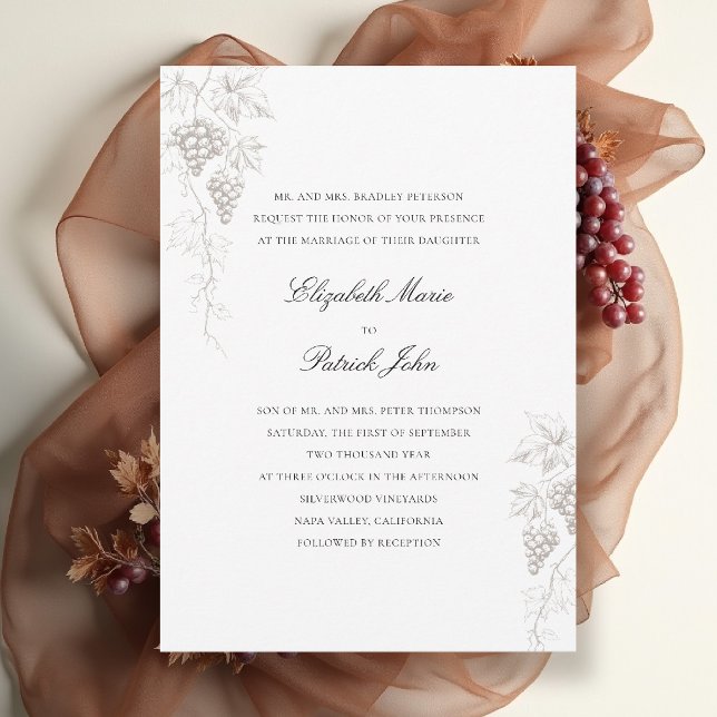 Invitation Vignoble d'automne Mariage Moderne Classique Perle (fall vineyard wedding invitation winery grapevine formal modern classic black tie pearl white)