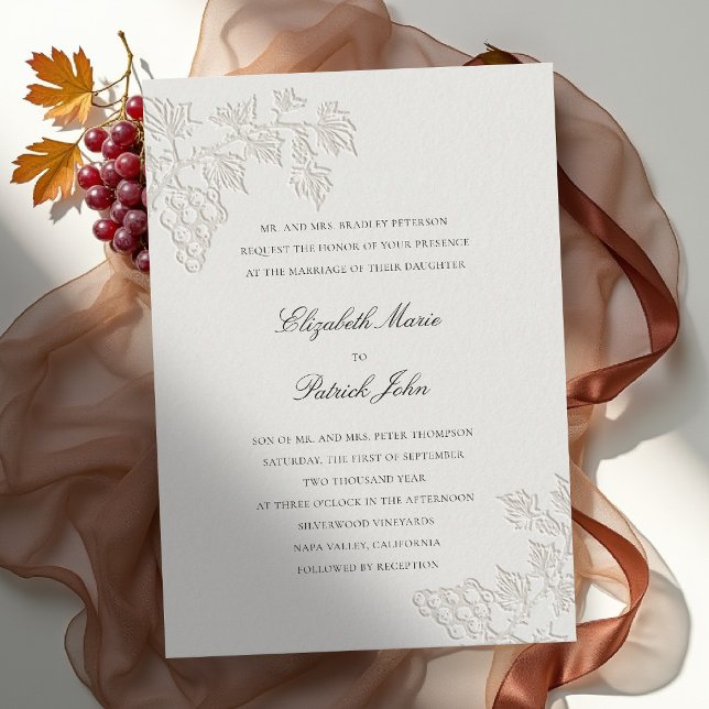 Invitation Vignoble d'automne Moderne Classique Caveau Écru M (fall vineyard wedding invitation grapevine winery formal modern classic black tie ecru faux embossed)