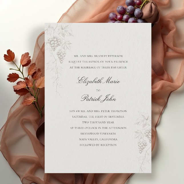 Invitation Vignoble d'automne Winery Moderne Classique Crème  (fall vineyard wedding invitation winery grapevine formal modern classic black tie ecru faux embossed)
