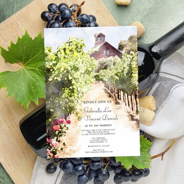 Invitation Vignoble et Mariage d'aquarelle de la grange rouge (Pair with the matching rsvp cards to create a coordinated stationery set for your winery wedding.)