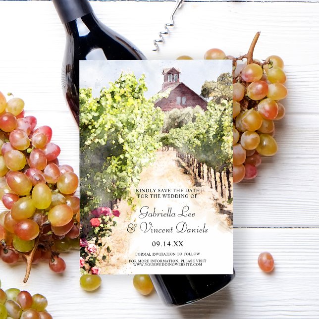 Invitation Vignoble Rouge Grange Aquarelle Mariage Enregistre (Set the tone for your winery marriage with the rustic Vineyard and Barn Watercolor Save the Date.)