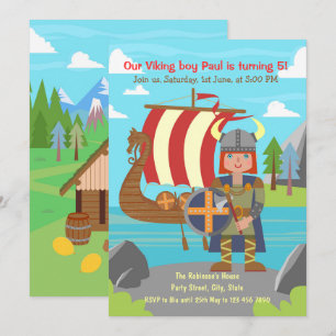 Invitation Viking Boy posant devant Viking Ship Party
