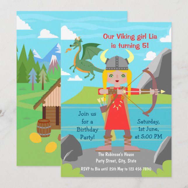 Invitation Viking Girl avec dragon fête d'anniversaire (Devant / Derrière)