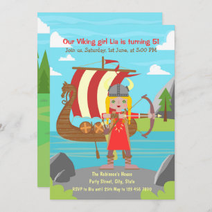 Invitation Viking Girl posant devant Viking ship Party