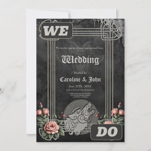 Invitation Viking Wolf & Rose. Une tête de loup stylisée, (Devant)