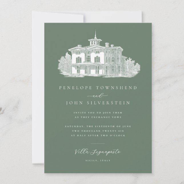 Invitation Villa chic Illustration Sage Green Mariage italien (Devant)