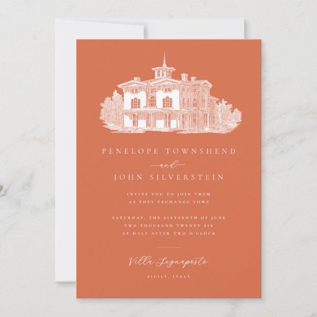 Invitation Villa italienne Dessin Terracotta Mariage orange (Devant)
