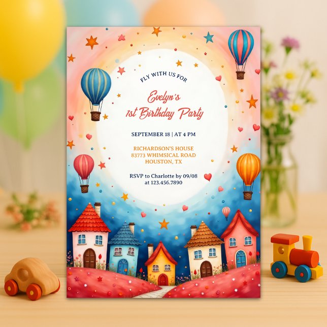 Invitation Village coloré Hot Air Balloon 1er anniversaire (Whimsical Hot Air Balloon 1st Birthday Invitation with Colorful Village Scene)