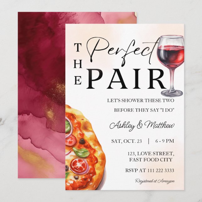 Invitation Vin à Pizza Couple Parfait Mariage Mixte sous la D (Devant / Derrière)