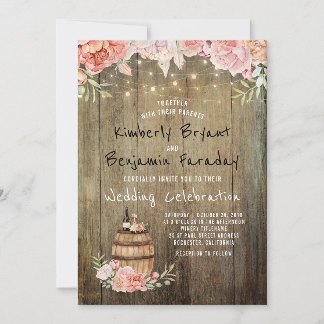 Invitation Vin Barrel Boho Rustic Barn String Lumières Mariag (Devant)