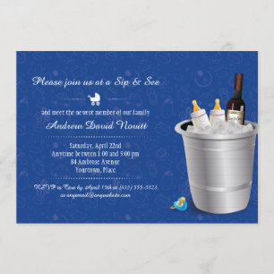 Invitation Vin Bleu et Bouteilles bébé Sip et voir Baby showe