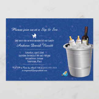 Invitation Vin Bleu et Bouteilles bébé Sip et voir Baby showe