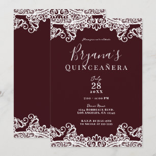 Invitation Vin Bordeaux & dentelle blanche Elégante Quinceañe