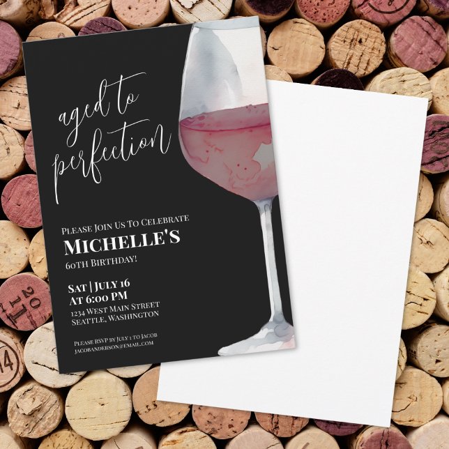 Invitation Vin d'anniversaire noir élégant vieilli à la perfe (Wine Simple Sixty 60th Birthday Party Invitation)