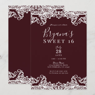 Invitation Vin de Bordeaux Dentelle Blanche Élégant Sweet 16 