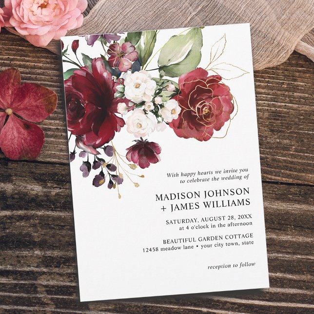 Invitation Vin de Bourgogne doré Floral Robe de mariée décont (Gold Burgundy Wine Blush Floral Casual Wedding Invitation)