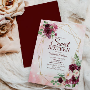 Invitation Vin de Bourgogne Or Boho Aquarelle Floral Sweet 16