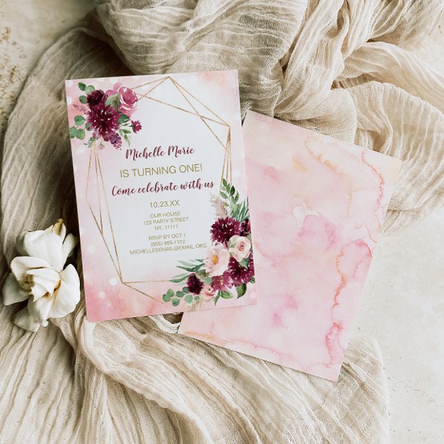 Invitation Vin de Bourgogne rose et or Floral Premier anniver (Créateur téléchargé)