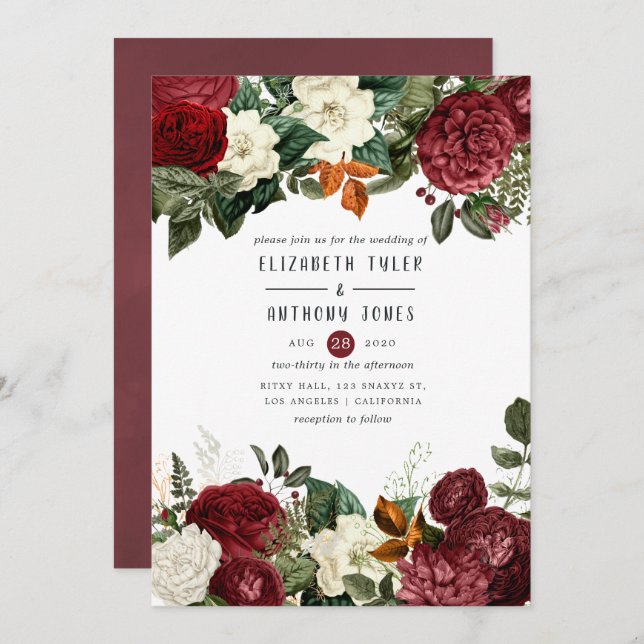 Invitation Vin de Bourgogne Rouge Floral Mariage (Devant / Derrière)