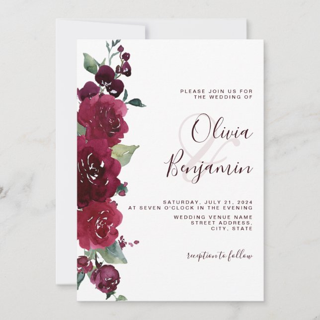 Invitation Vin de Bourgogne Rouge Marsala Mariage Floral (Devant)