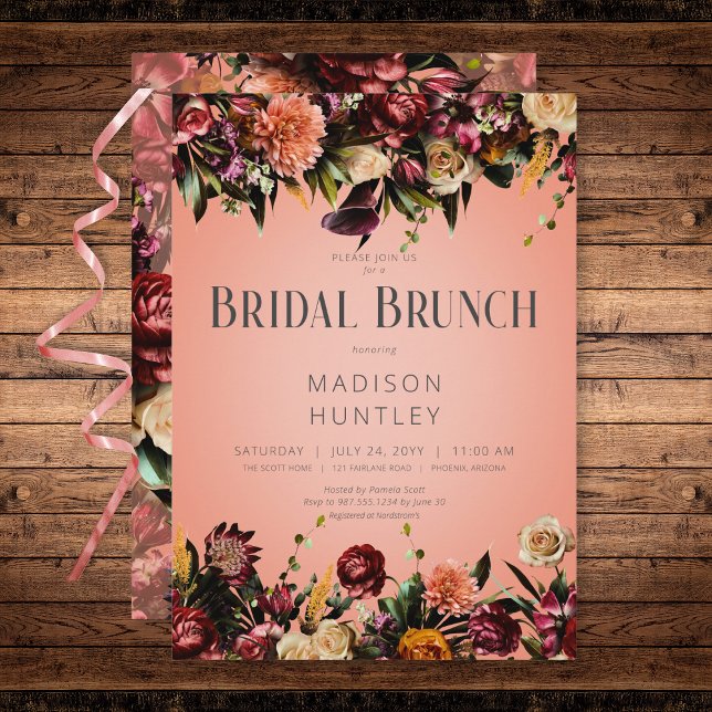 Invitation Vin de pêche rustique et brunch de mariée florale  (Rustic Peach Wine & Purple Floral Bridal Brunch Invitation)