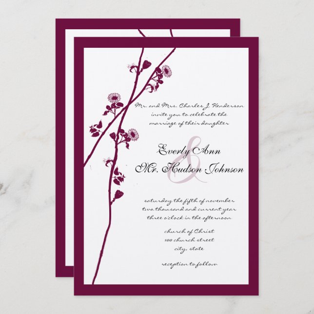 Invitation Vin de prune Branche Fleur sauvage Mariage Invitat (Devant / Derrière)