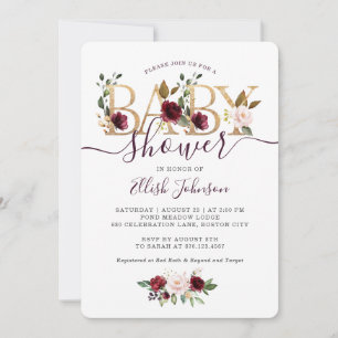 Invitation Vin d'or Baby shower floral Bourgogne