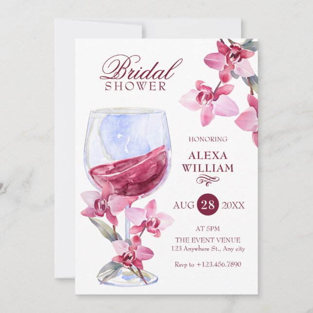 Invitation Vin d'orchidée florale aquarelle douche nuptiale (Devant)