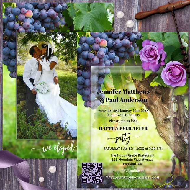 Invitation Vin Elopement à thème Mariage photo (Happily ever after winery wedding invitation featuring your own photo framed by a vineyard design.)