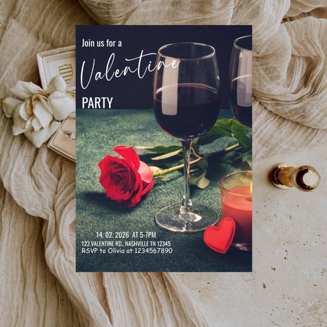 Invitation Vin et Roses Saint-Valentin - Rose Rouge & Vin Rom (Créateur téléchargé)