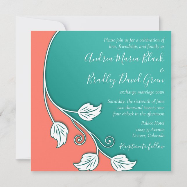 Invitation Vin feuillus Turquoise, Mariage blanc corail (Devant)