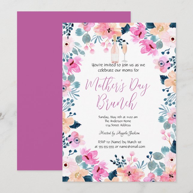 Invitation Vin Fleurs de Printemps Brunch de la Fête des Mère (Devant / Derrière)