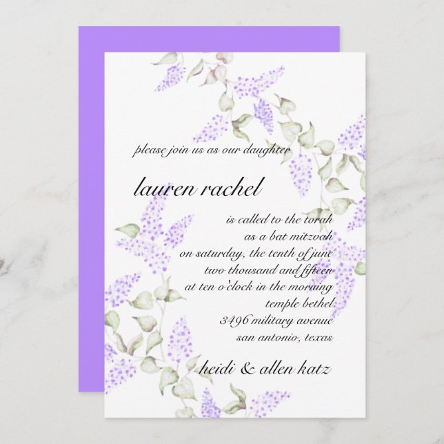 Invitation Vin floral bat mitzvah violet Lilac (Devant / Derrière)
