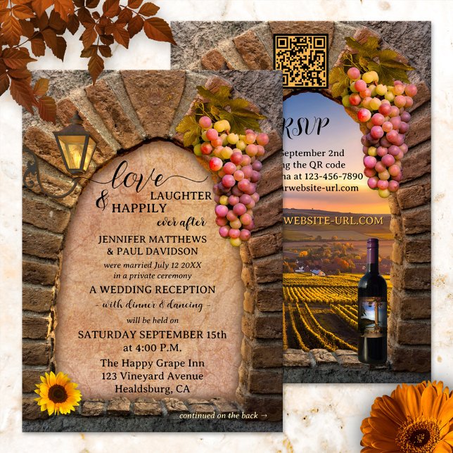 Invitation Vin Italien Heureux Jamais Après Mariage (Classic Italian happily after wedding party invitation featuring a vineyard landscape with wine)