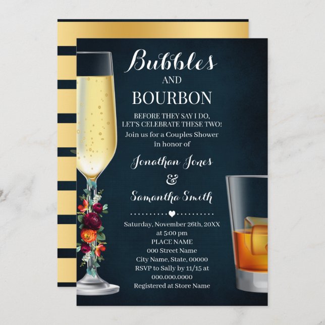 Invitation Vin Marine Bubbles & Bourbon Couples Mariage de do (Devant / Derrière)